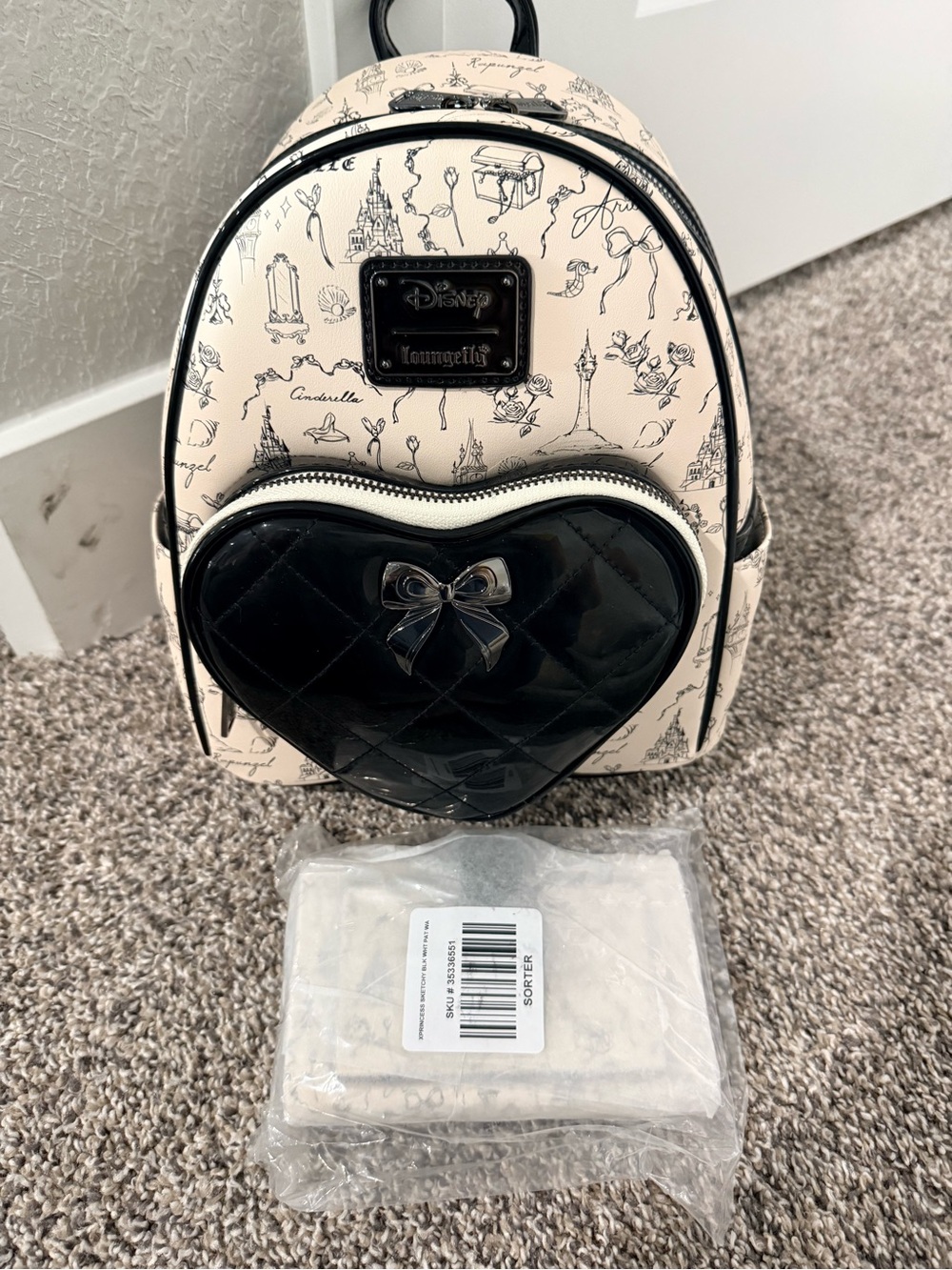 Loungefly Princesses Cream Mini Backpack with Black Heart Pocket and Wallet